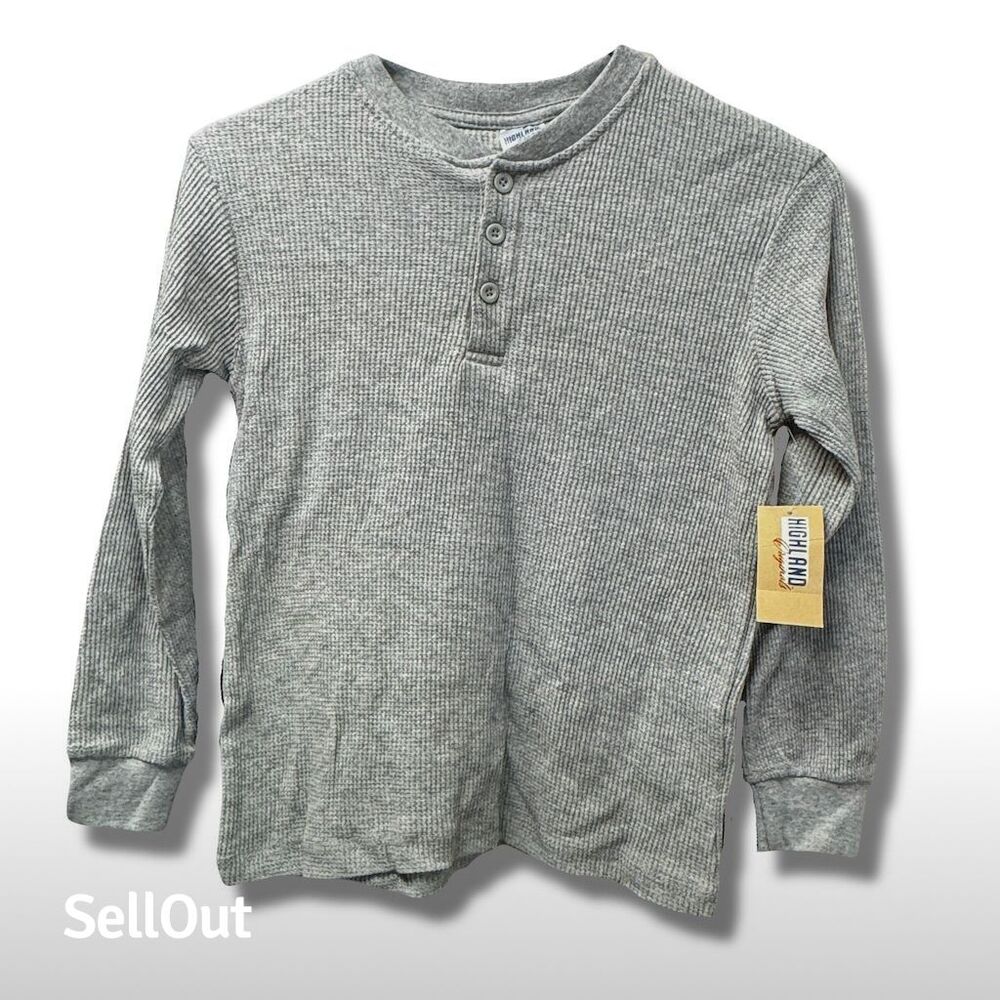 Highland Outfitters Boys Gray Henley Waffle Knit Long Sleeve Shirt Size 7